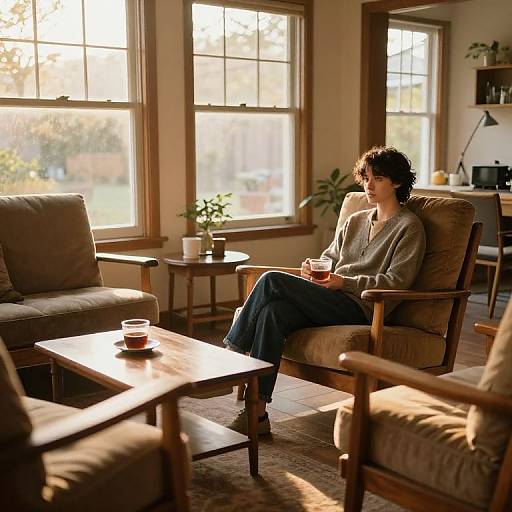 Photograph of a curly-haired woman in a gray sweater, sitting in a sunlit, cozy living room with large windows, holding a coffee cup,