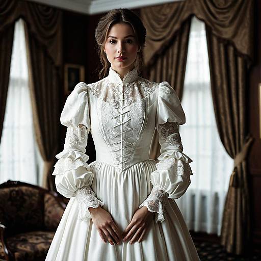 Woman in Victorian Wedding Dress Indoors