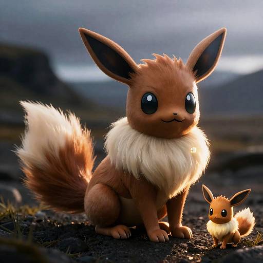 Photorealistic CGI of two Eevee Pokémon, a larger adult with large ears and fluffy tail, and a smaller juvenile, standing on dark,