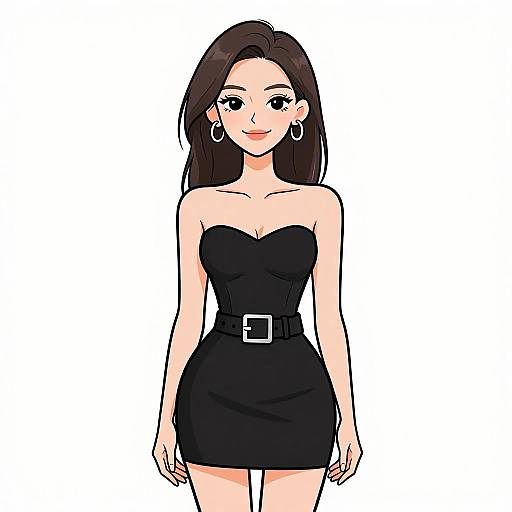 Digital anime-style drawing of a smiling woman with long black hair, wearing a strapless black mini dress with a belt, and large hoop earrings, standing