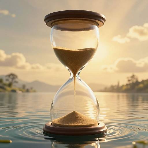 Photograph of a wooden hourglass on water, with golden sand trickling, at sunset; calm lake, distant mountains, and soft clouds in background