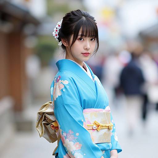 Elegant Japanese Girl in Blue Kimono