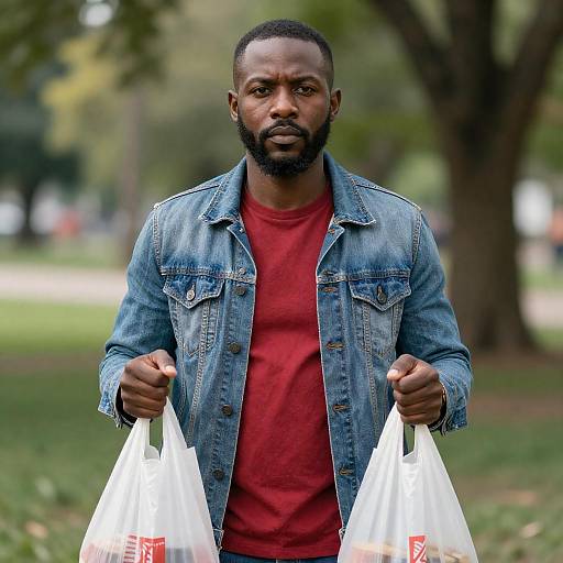 Serious Black Man Holding Bags in Park