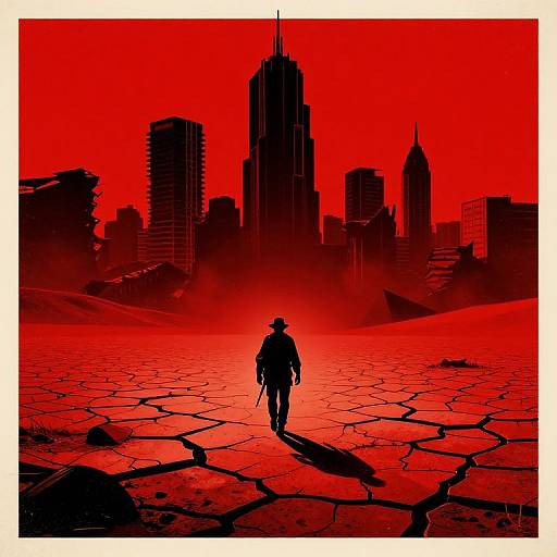 Digital artwork of a lone silhouette walking on cracked red ground towards a dark, silhouetted city skyline under a bright red sky.