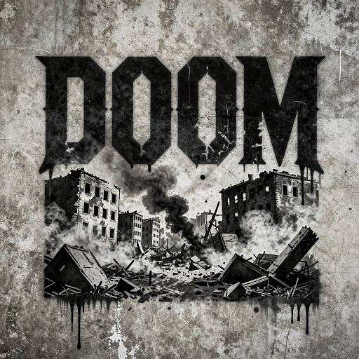 Grungy black-and-white digital artwork featuring large 