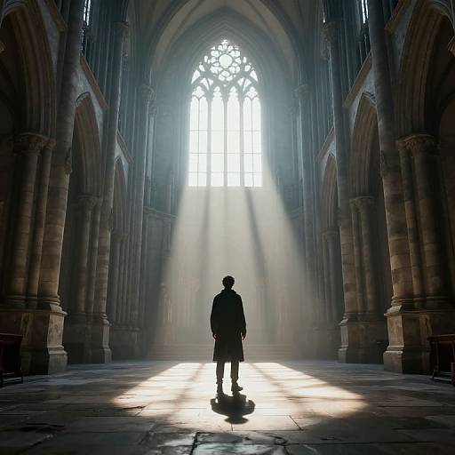 Silhouetted figure stands in sunlit Gothic cathedral, rays of light streaming through intricate stained glass window, casting long shadows on stone floor. Phot