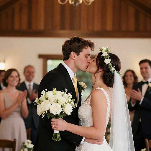 Romantic Wedding Kiss with Guests