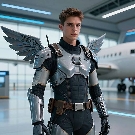Photorealistic CGI of a young man with short brown hair, wearing futuristic silver armor with wing-like shoulder pieces, standing in a bright, modern hang