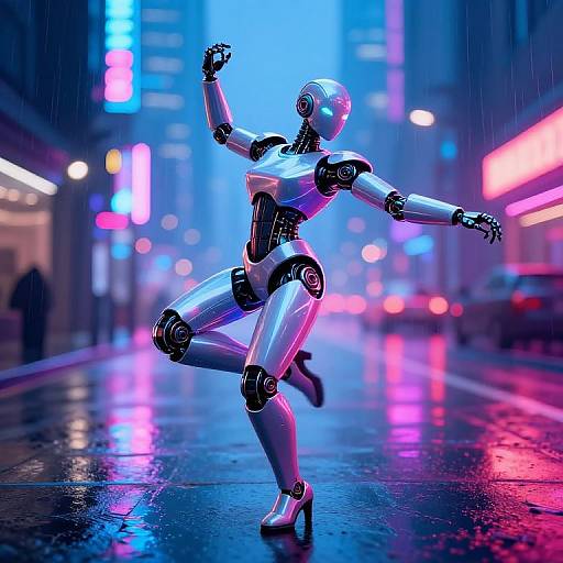 Neon-lit cyber city street at night, a silver robot dancer in high heels, arms raised, rain reflecting on wet pavement.