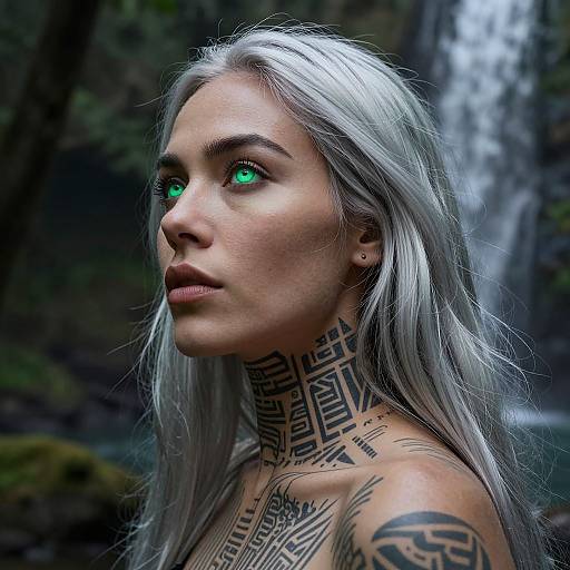 Photorealistic CGI of a tattooed woman with long silver hair, glowing green eyes, and intricate neck tattoos, standing near a waterfall.