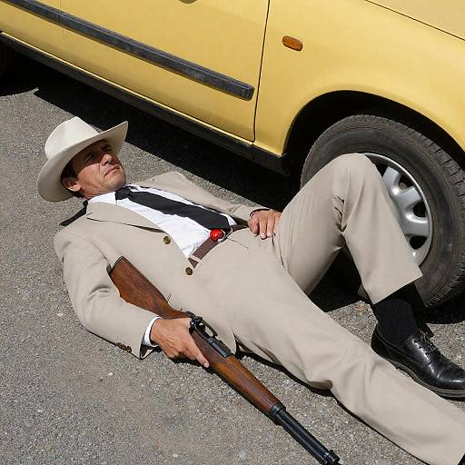 Grim Man in Beige Suit with Rifle
