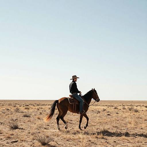 Photograph of a cowboy in a white hat and dark clothes riding a brown horse across a sunlit, dry, grassy plain.