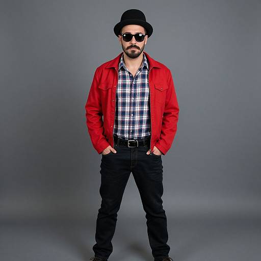 Photograph of a bearded man in a black hat, sunglasses, red jacket, black plaid shirt, black pants, and hands in pockets,