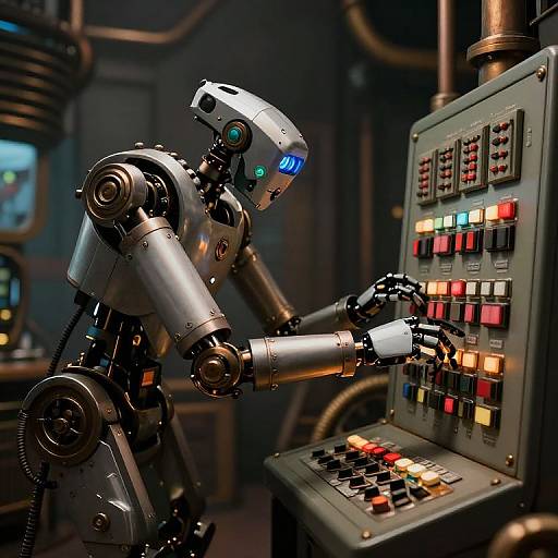 Photograph of a shiny, silver robotic figure with glowing blue eyes, interacting with a colorful control panel in a dimly lit, industrial setting.