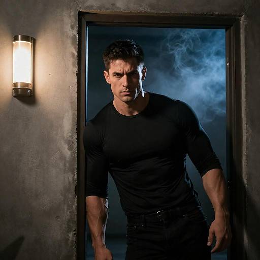 Intense Muscular Man in Dim Light