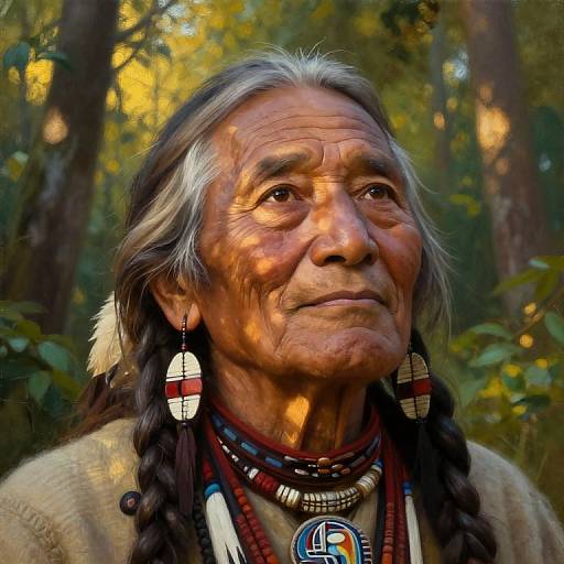 Photograph of an elderly Native American man with long gray hair, braids, traditional earrings, and beaded necklaces, standing in a sunlit