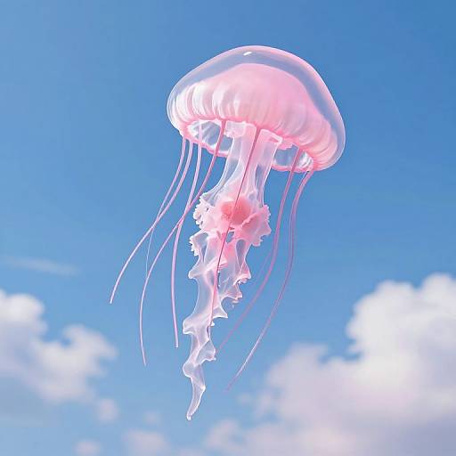Photorealistic digital art of a pink and white jellyfish with translucent tentacles floating against a bright blue sky with fluffy white clouds.