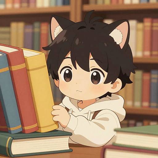 Anime-style drawing of a cute, black-haired boy with cat ears, wearing a white hoodie, holding colorful books in a library.