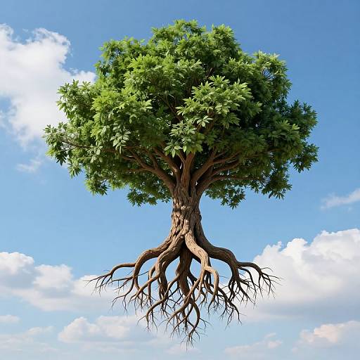 Photorealistic CGI of a floating tree with lush green leaves and visible roots against a bright blue sky with fluffy white clouds.