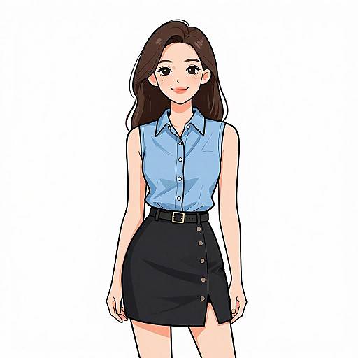 Digital anime-style drawing of a smiling young woman with long brown hair, wearing a light blue sleeveless blouse and black buttoned skirt with a belt.