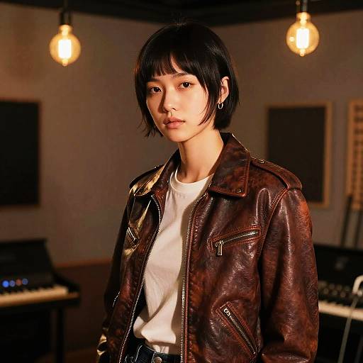 Photograph of an Asian woman with short black hair, wearing a brown leather jacket and white shirt, standing in a dimly lit room with hanging bulbs