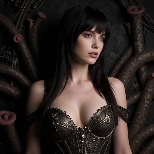 Digital artwork of a pale-skinned woman with black hair, blue eyes, and black lace corset, surrounded by dark, tentacle-like vines.