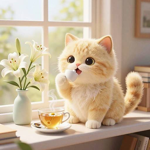 Whimsical Ragamuffin Cat Tea Time