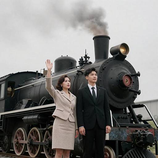 Man and Woman by Steam Locomotive
