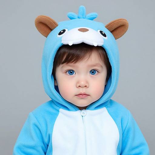 Photograph of a young child with blue eyes, wearing a light blue, hooded, bear-themed onesie with brown ears, white chest, and