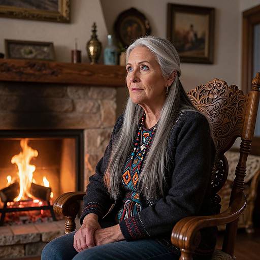 Thoughtful Native American Woman by Fireplace