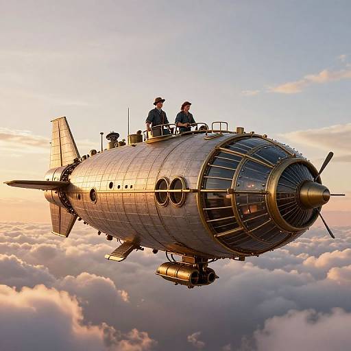 Steampunk airship with two men flying above clouds at sunset. The metallic ship has a cylindrical body, propeller, and glass windows, reflecting