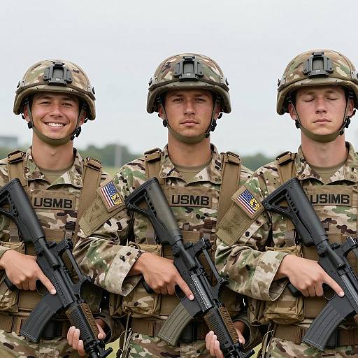 Three US Soldiers in Camouflage Uniforms Holding Rifles