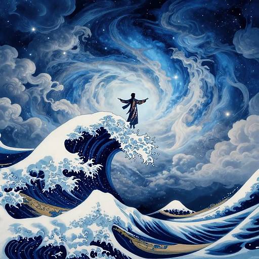 Digital artwork of a silhouetted figure with outstretched arms standing on a white-capped ocean wave against a swirling blue and starry sky