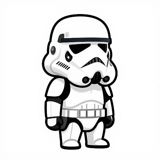 Cute, black-and-white digital drawing of a chibi-style Stormtrooper with thick outlines, small body, and expressive facial features. Simple background