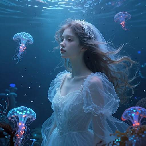 Photograph-like digital art of a fair-skinned, long-haired woman in a translucent, ethereal white dress surrounded by glowing jellyfish underwater, with