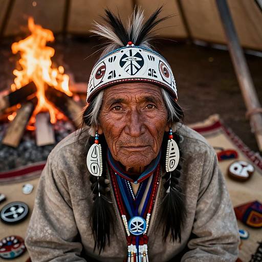 Photograph of an elderly Native American man with wrinkled face, wearing a white beaded headband and traditional attire, sitting by a fire.