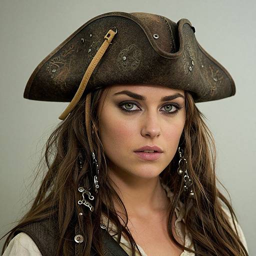 Photograph of a fair-skinned woman with green eyes, wearing a worn brown pirate hat, long brown hair, and black vest, against a plain