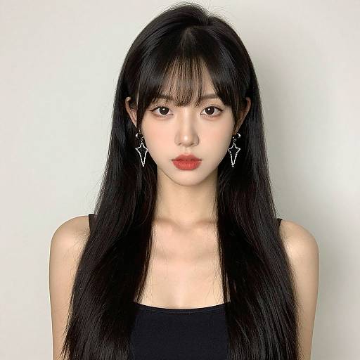 Digital portrait of an East Asian woman with long black hair, bangs, red lipstick, black top, wearing star-shaped earrings, against a white background
