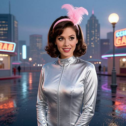 Photorealistic digital image of a smiling woman in a shiny silver top, pink feather headband, standing on a wet, neon-lit city street