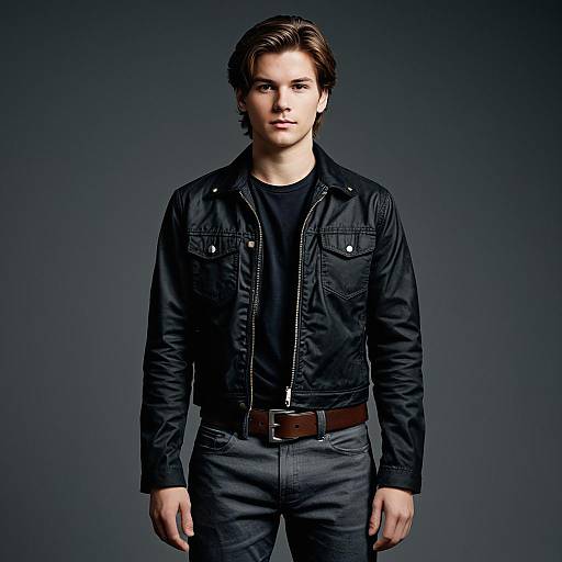 Young Man in Black Jacket and Grey Pants