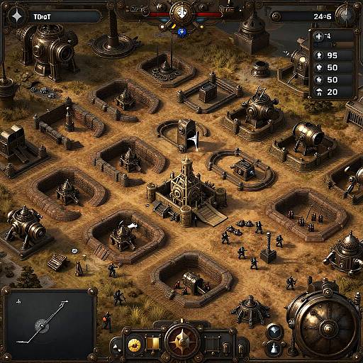 Top-down screenshot of a digital strategy game, displaying a medieval village with hexagonal structures, dark-toned textures, and a central tower. Game interface