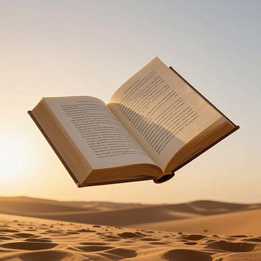 Photograph of an open book floating in a desert at sunset, with golden sand dunes and a clear, warm sky in the background.