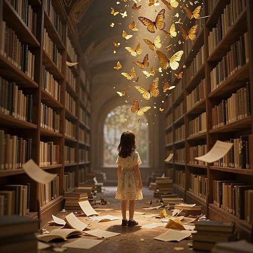 Photograph of a little girl in a yellow dress, standing in a sunlit, arched library with floating orange butterflies and scattered papers.