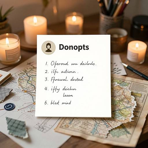 Photograph of a wooden desk with lit candles, maps, and a paper list overlay labeled 