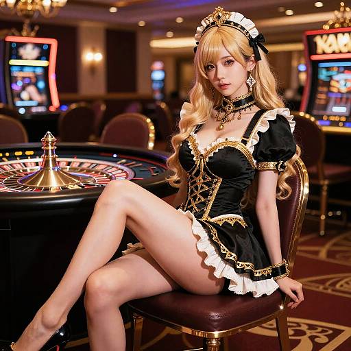 Blonde anime girl in black and gold maid outfit with lace, sitting on a casino chair, legs crossed, background of slot machines and dim lighting.