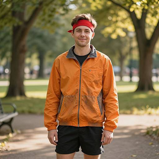 Photograph of a smiling young man in an orange jacket, black shorts, and red headband standing on a sunny park path.