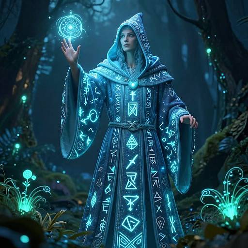 Digital artwork of a glowing blue-robed, hooded woman in a mystical forest, casting a magical spell with luminous runes floating around her.