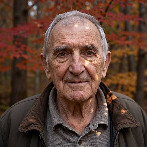 Photograph of an elderly man with wrinkled skin, gray hair, and a subtle smile, wearing a dark jacket over a gray shirt, against a