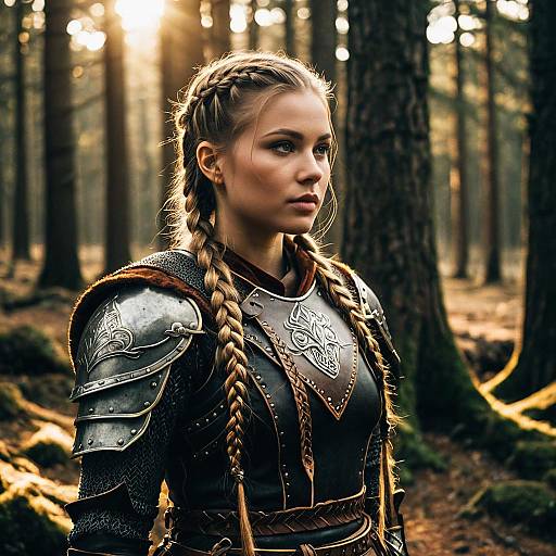 Female Warrior with Viking Braids in Ancient Forest