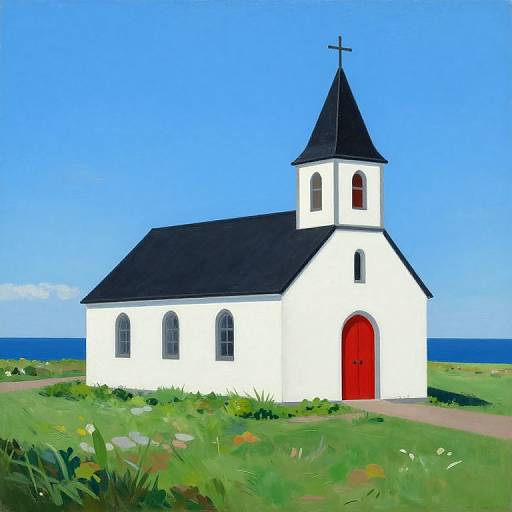 Digital illustration of a white church with a black steeple and red door, surrounded by green grass and a blue ocean under a clear sky.